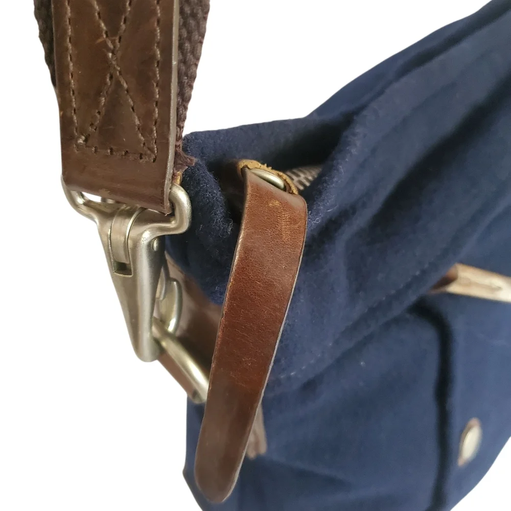 PROPERTY OF... Vintage‎ Navy Blue Wool Blend / Cognac Leather Men's Day Bag